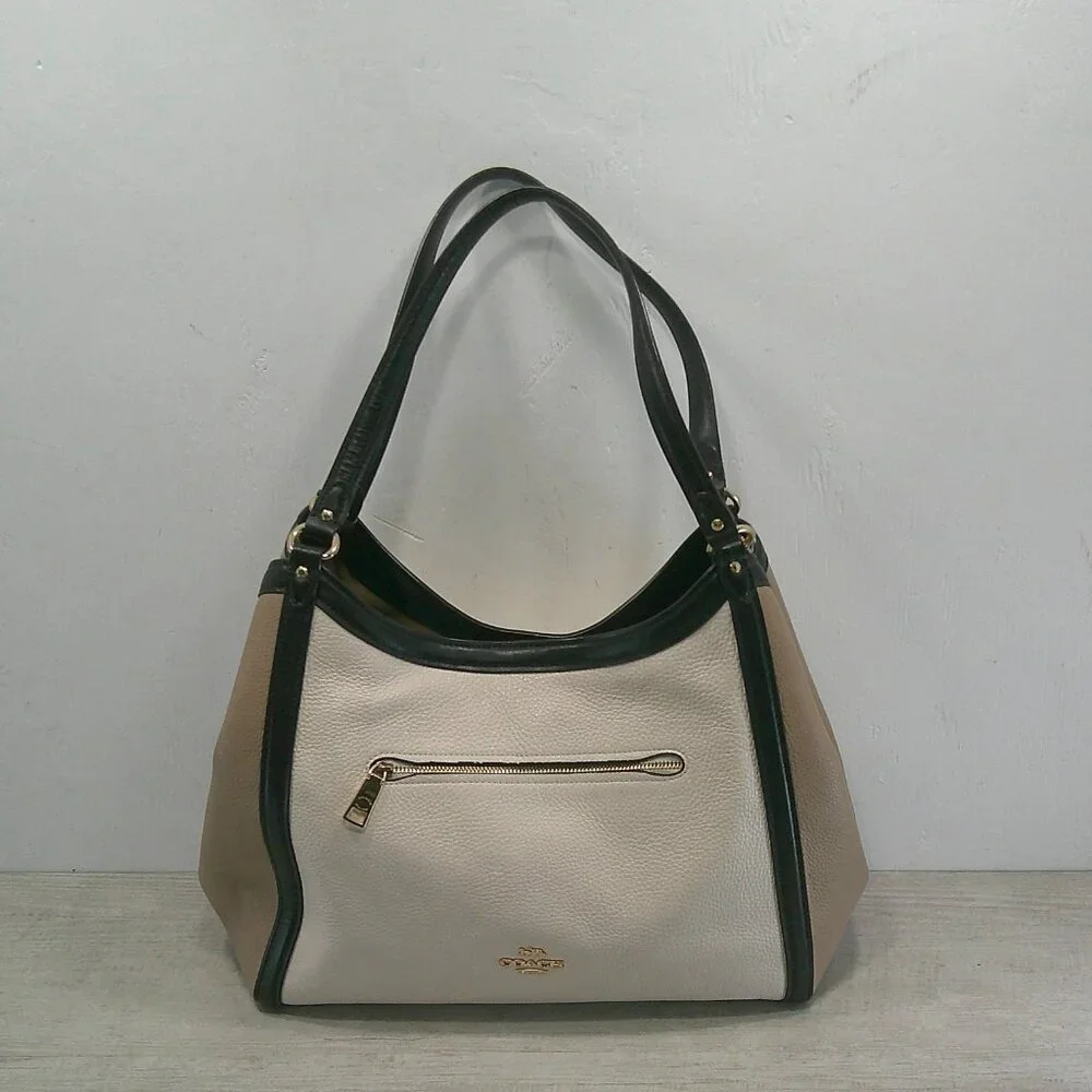 Coach Kristy Tan Cream Black Colorblock Old Money Leather Shoulder Bag Purse